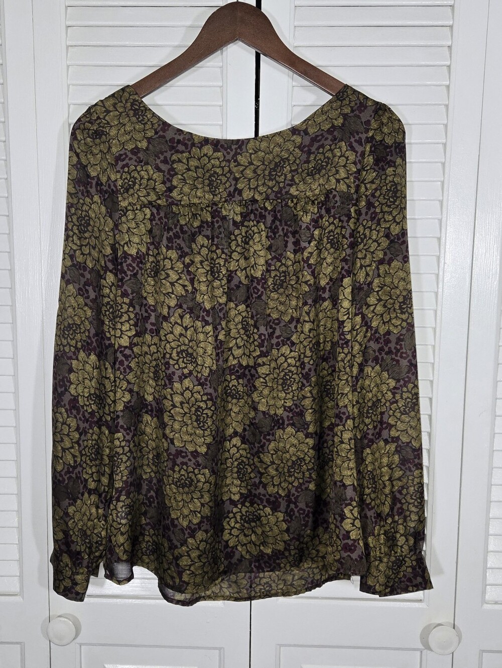 Loft Floral Green Purple See Thru Floral Long Sleeve Gathered Neckline Blouse L
